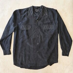Silk Club Men's Medium Button Up Long Sleeve Shirt 100% Silk Black